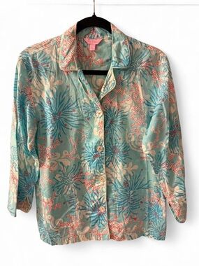 Lilly Pulitzer Aqua Floral Button-Up Top